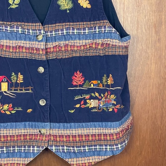 Vintage Casey & Max Patchwork Plaid Fall Leaves Vest Size Large - Picture 3 of 5